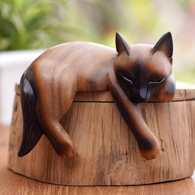 Alternate image for Sleeping Siamese Suar Wood Cat Statuette Sleeping Feline