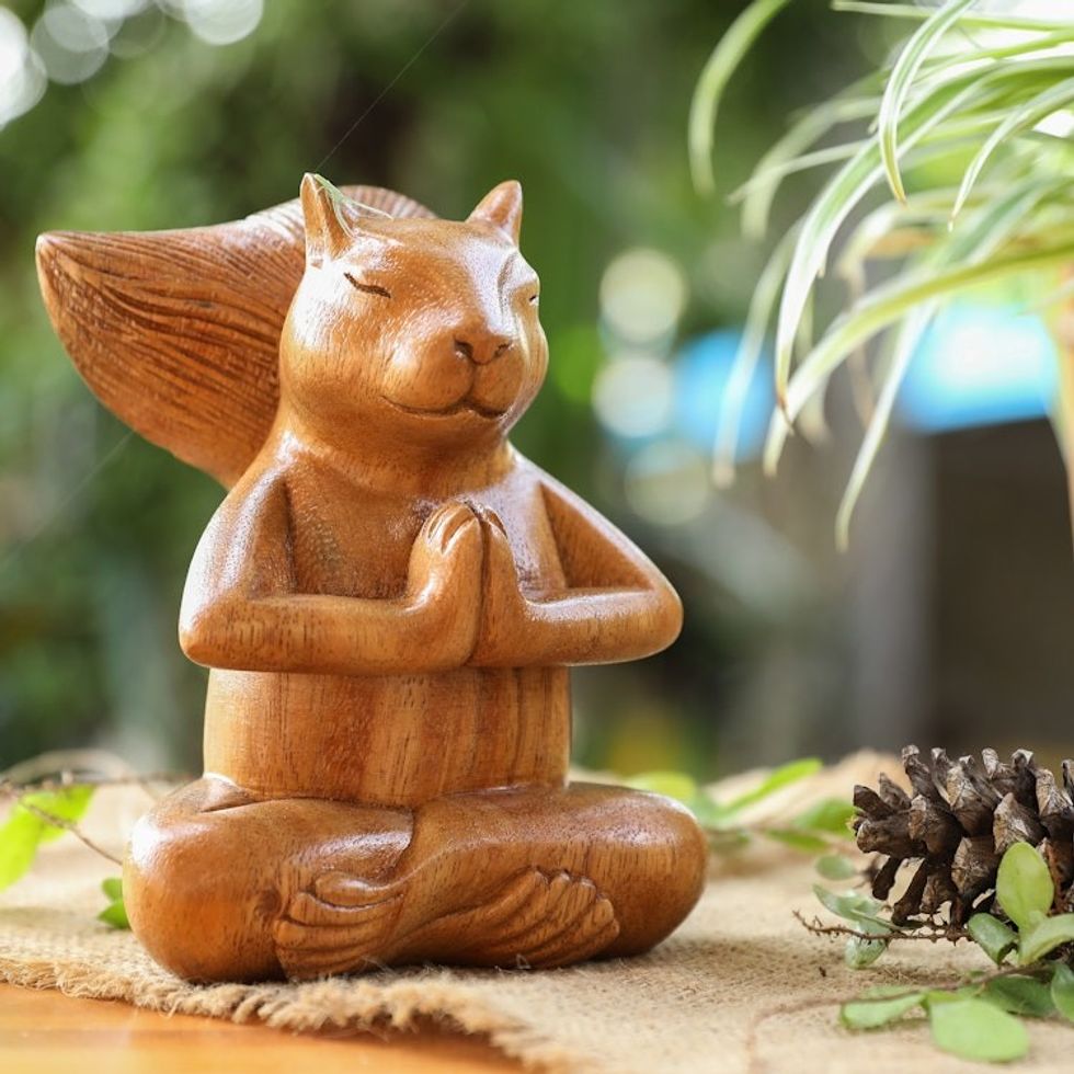Hand Carved Wood Sculpture of Praying Squirrel from Bali 'Praying Squirrel'