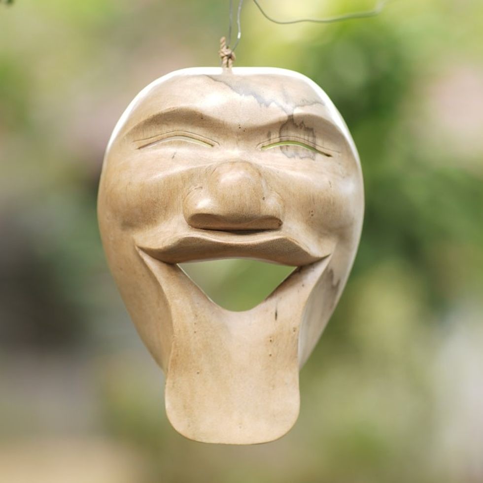 Hand Carved Bali Hibiscus Wood Mask 'Laugh Out Loud'