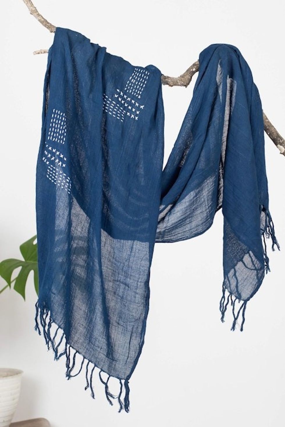 Midnight Cotton Scarf with Stitched Boro Details and Fringes 'Midnight Boro'