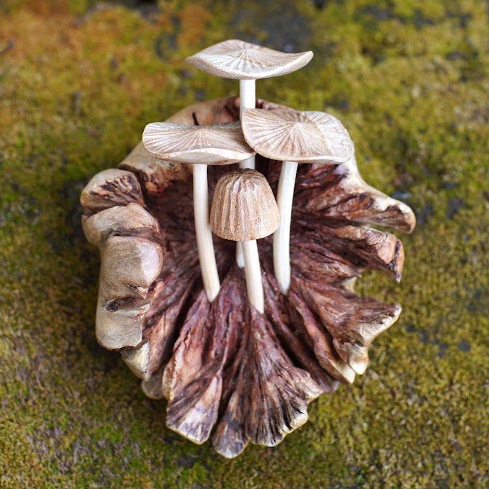 Hand Carved Balinese Mushroom Statuette 'Young Mushrooms'