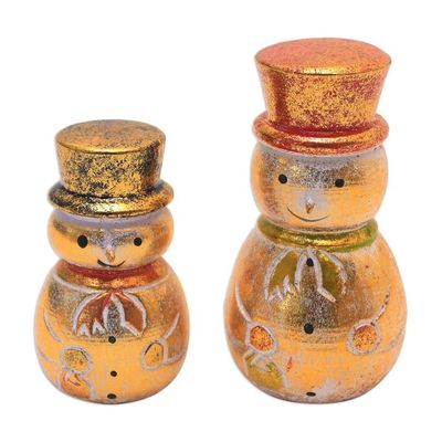 Alternate image for Distressed Gold-Tone Wood Snowman Holiday Decor Pair Smiling Snowmen