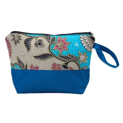 Alternate image for Handcrafted Cotton Cosmetic Bag in Blue with Batik Pattern Flowering Blue