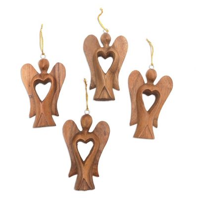 Alternate image for Set of 4 Hand-Carved Suar Wood Fairy Ornaments with Hearts Fairy Hearts