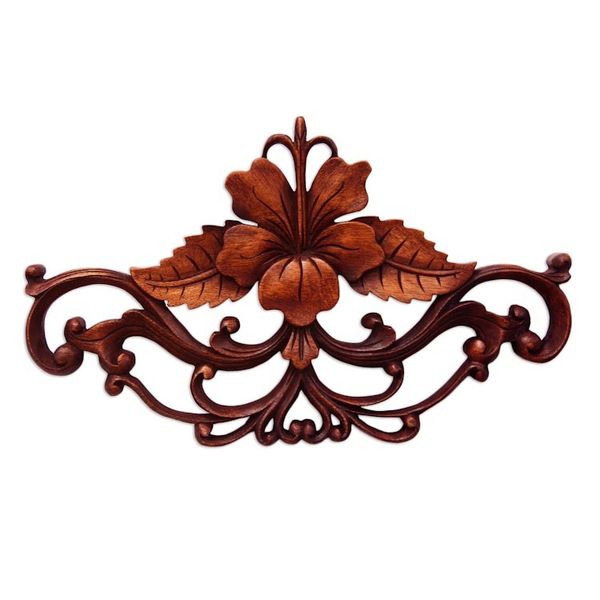 Alternate image for Unique Floral Wood Relief Panel from Indonesia Hibiscus