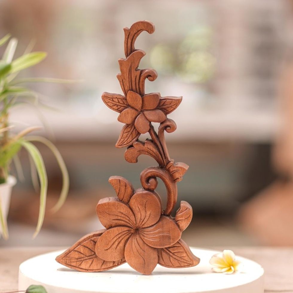 Hand Carved Suar Wood Relief Panel of Frangipani 'Touch of Jepun'