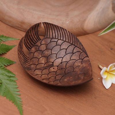 Alternate image for Aquatic Coconut Shell Soap Holder Hand Carved in Bali Fabulous Fish