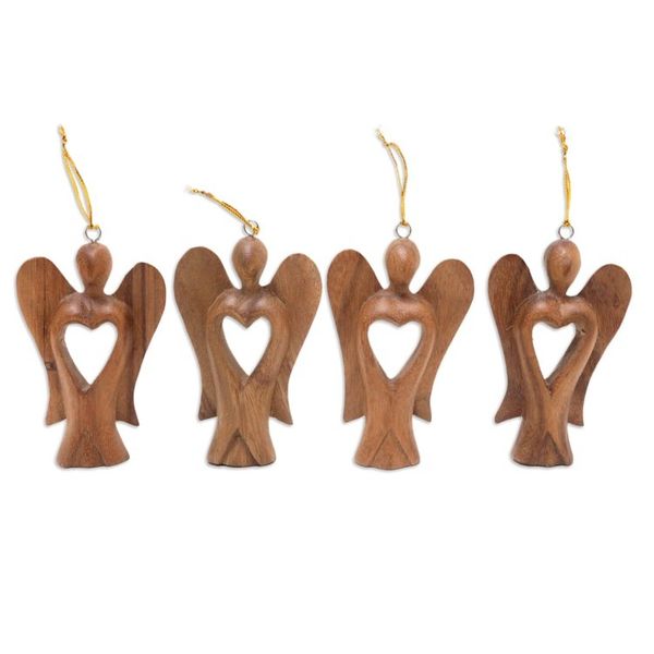 Alternate image for Set of 4 Hand-Carved Suar Wood Fairy Ornaments with Hearts Fairy Hearts