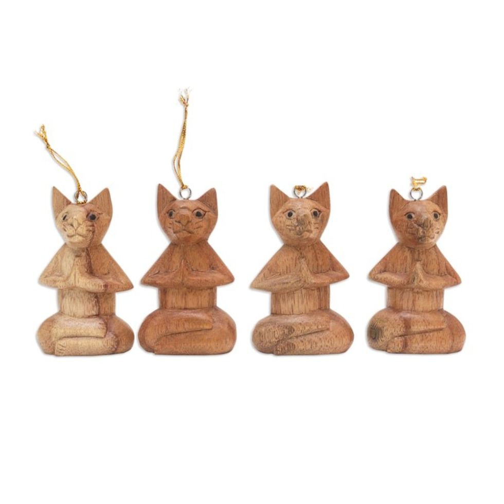 Set of 4 Hand-Carved Jempinis Wood Cat Ornaments from Bali 'Feline Contemplation'