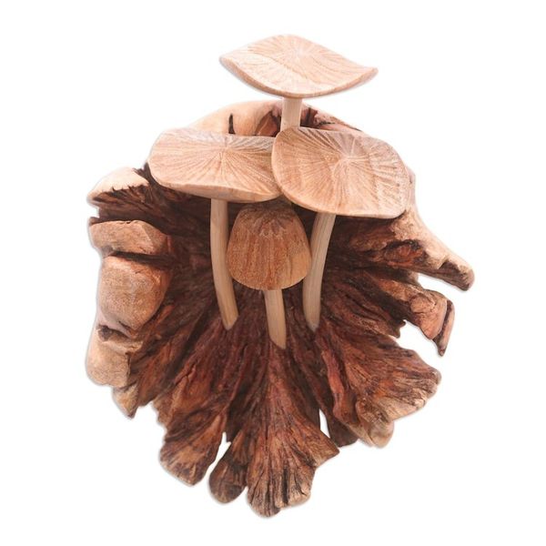 Alternate image for Hand Carved Balinese Mushroom Statuette Young Mushrooms