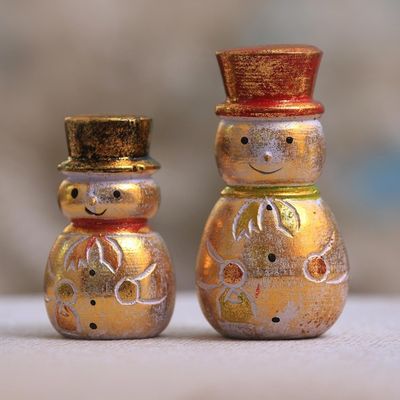 Alternate image for Distressed Gold-Tone Wood Snowman Holiday Decor Pair Smiling Snowmen