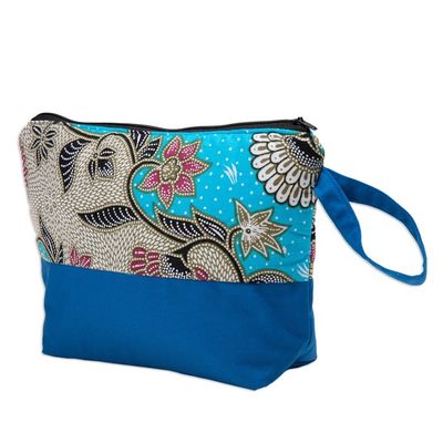 Alternate image for Handcrafted Cotton Cosmetic Bag in Blue with Batik Pattern Flowering Blue