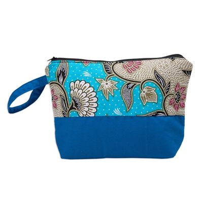 Alternate image for Handcrafted Cotton Cosmetic Bag in Blue with Batik Pattern Flowering Blue