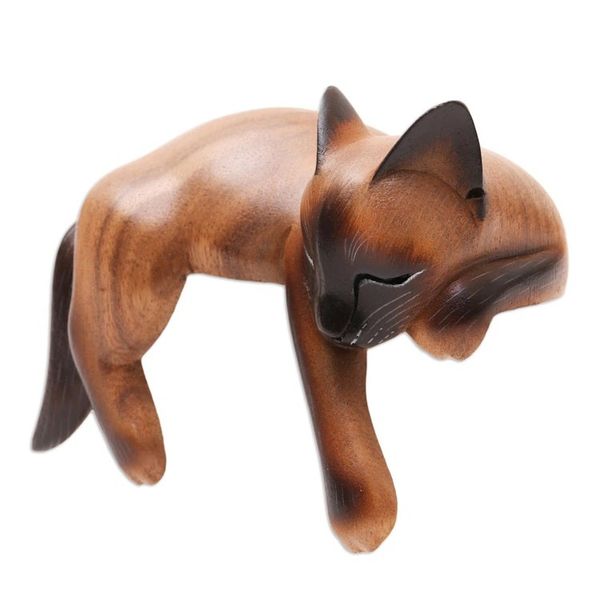Alternate image for Sleeping Siamese Suar Wood Cat Statuette Sleeping Feline