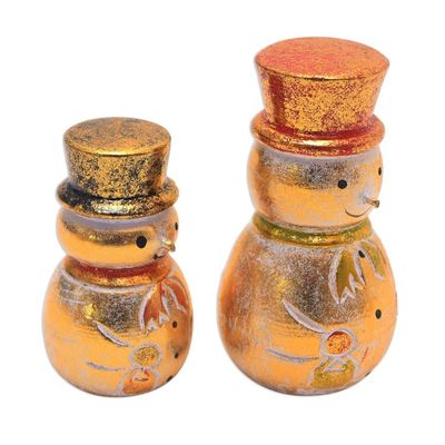 Alternate image for Distressed Gold-Tone Wood Snowman Holiday Decor Pair Smiling Snowmen