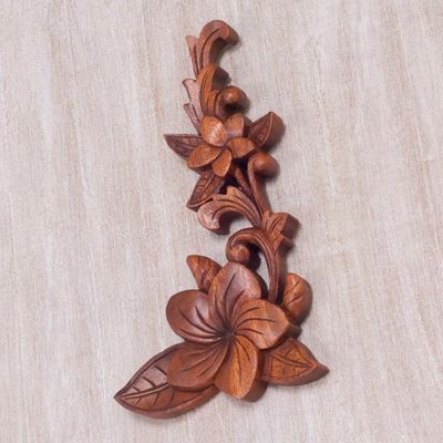Alternate image for Hand Carved Suar Wood Relief Panel of Frangipani Touch of Jepun