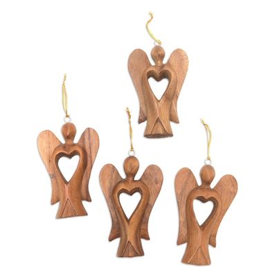 Alternate image for Set of 4 Hand-Carved Suar Wood Fairy Ornaments with Hearts Fairy Hearts