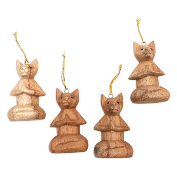 Alternate image for Set of 4 Hand-Carved Jempinis Wood Cat Ornaments from Bali Feline Contemplation