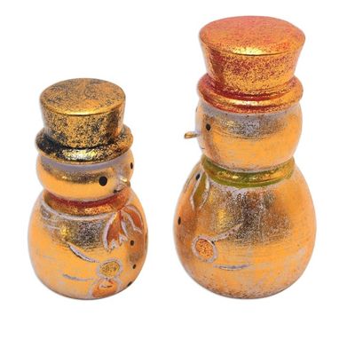 Alternate image for Distressed Gold-Tone Wood Snowman Holiday Decor Pair Smiling Snowmen