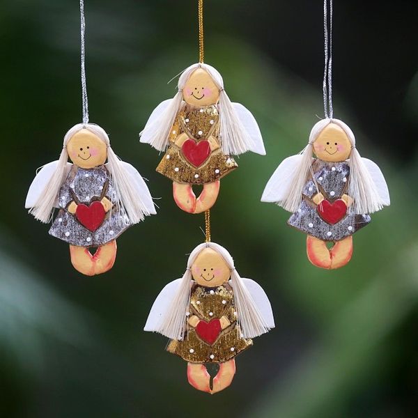 Alternate image for 4 Artisan Crafted Angel with Hearts Holiday Ornaments Set Heart Angels