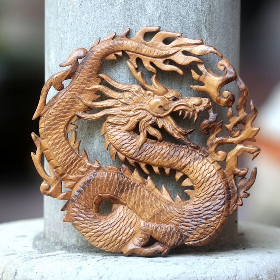 Hand Carved Suar Wood Balinese Dragon Relief Panel 'Dragon of Fire'