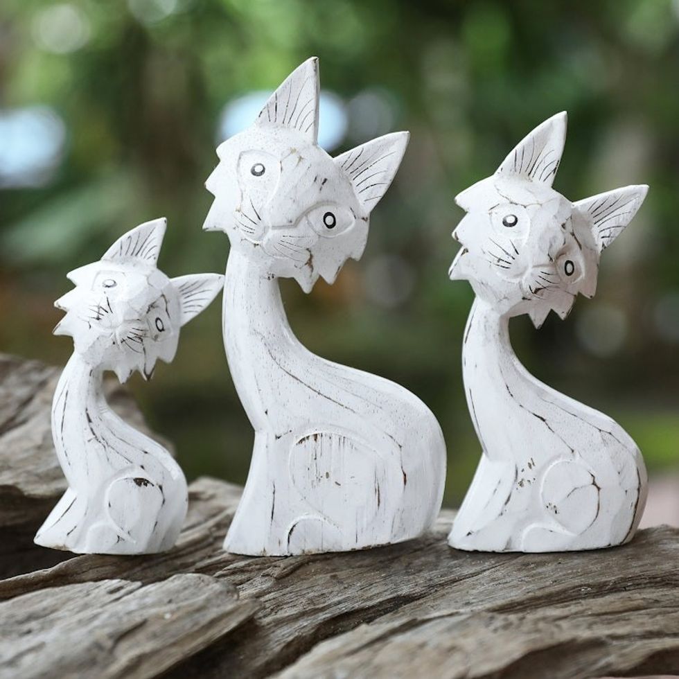 Set of 3 Handcrafted White Albesia Wood Cat Statuettes 'Feline Glances'