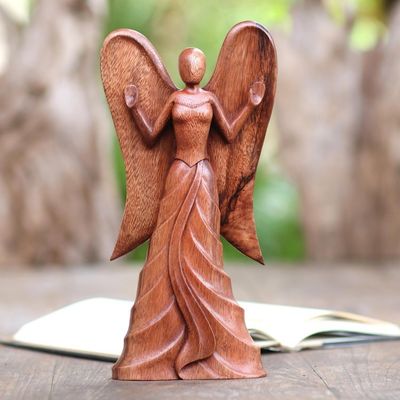Alternate image for Hand Carved Suar Wood Angel Statuette Angel in Heaven