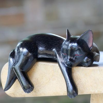 Alternate image for Balinese Signed Hand-Carved Sleeping Black Cat Sculpture Black Catnap