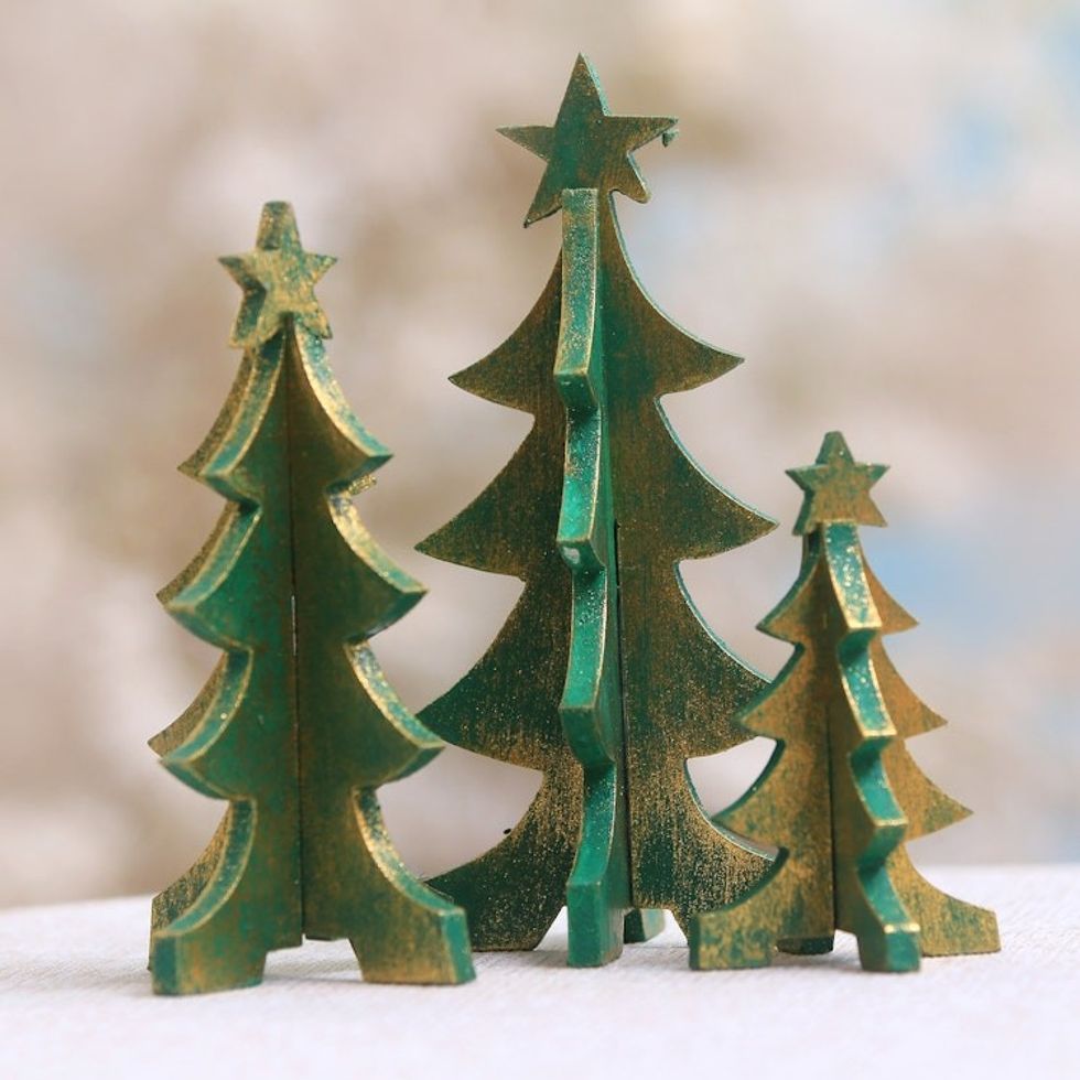 Wood Christmas Tree Tabletop Decor from Bali Set of 3 'Three Christmas Trees'