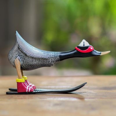 Alternate image for Hand Painted Wood Skiing Duck Statuette Downhill Duck in Black