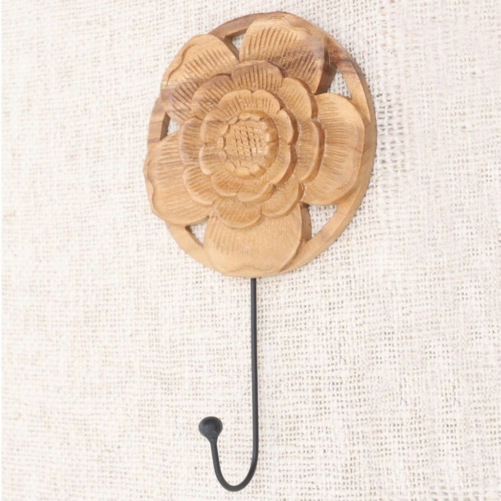 Hand Carved Wood and Iron Floral Wall Hook 'Lotus Bloom'