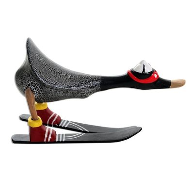 Alternate image for Hand Painted Wood Skiing Duck Statuette Downhill Duck in Black