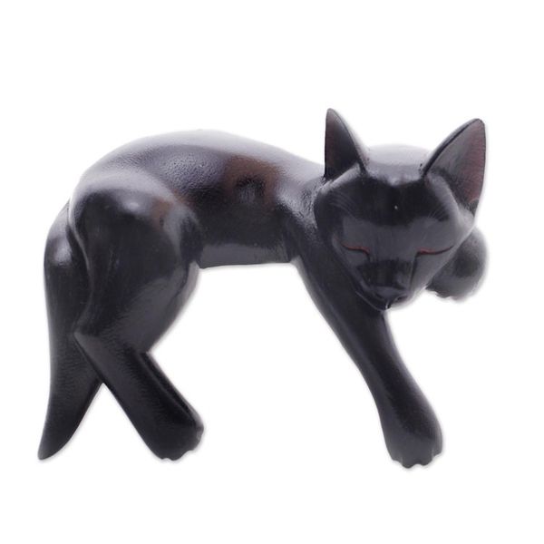 Alternate image for Balinese Signed Hand-Carved Sleeping Black Cat Sculpture Black Catnap