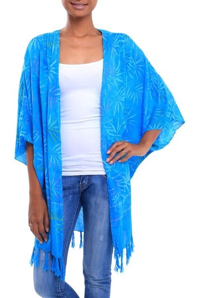Alternate image for Turquoise Hand Batik Bamboo Leaf Motif Rayon Kimono Jacket Under the Palms
