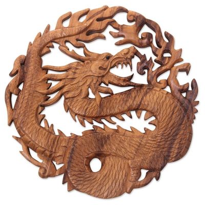 Alternate image for Hand Carved Suar Wood Balinese Dragon Relief Panel Dragon of Fire