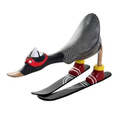 Alternate image for Hand Painted Wood Skiing Duck Statuette Downhill Duck in Black