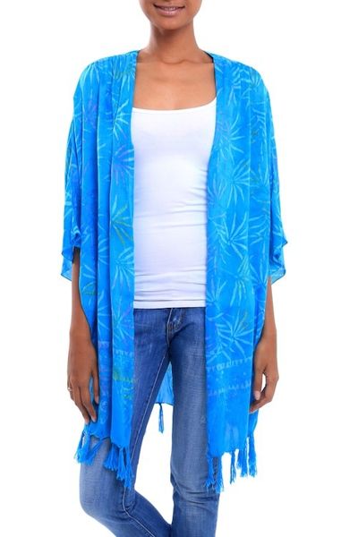 Alternate image for Turquoise Hand Batik Bamboo Leaf Motif Rayon Kimono Jacket Under the Palms