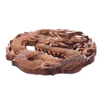 Alternate image for Hand Carved Suar Wood Balinese Dragon Relief Panel Dragon of Fire