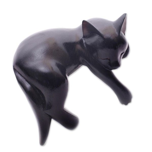 Alternate image for Balinese Signed Hand-Carved Sleeping Black Cat Sculpture Black Catnap