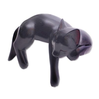 Alternate image for Balinese Signed Hand-Carved Sleeping Black Cat Sculpture Black Catnap