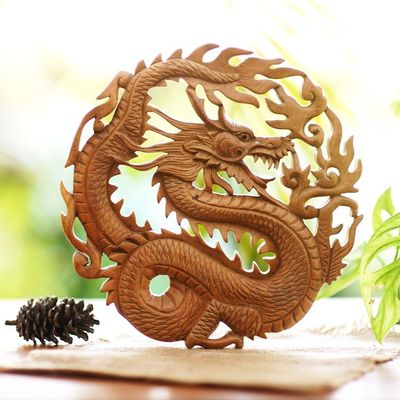 Alternate image for Hand Carved Suar Wood Balinese Dragon Relief Panel Dragon of Fire
