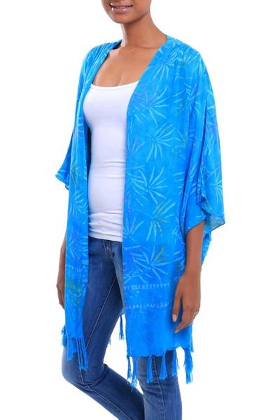 Alternate image for Turquoise Hand Batik Bamboo Leaf Motif Rayon Kimono Jacket Under the Palms