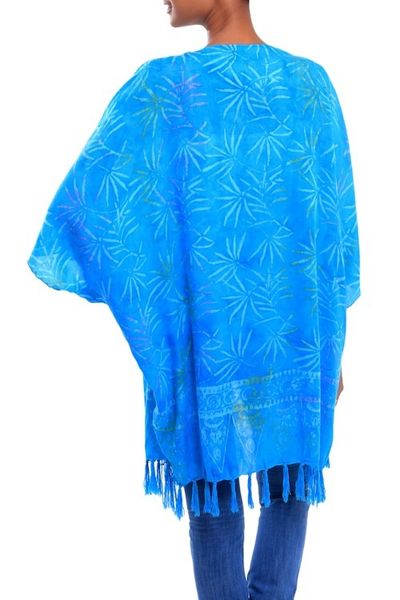 Alternate image for Turquoise Hand Batik Bamboo Leaf Motif Rayon Kimono Jacket Under the Palms