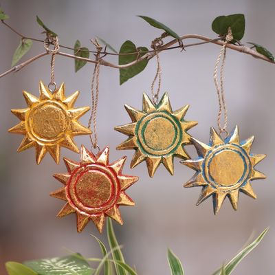 Alternate image for Four Gold Tone Albesia Wood Sun Ornaments from Bali Sunny Holiday