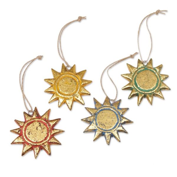Alternate image for Four Gold Tone Albesia Wood Sun Ornaments from Bali Sunny Holiday