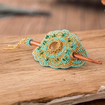 Alternate image for Handcrafted Floral Turquoise and Golden Glass Beaded Hairpin Paradise Lady in Turquoise