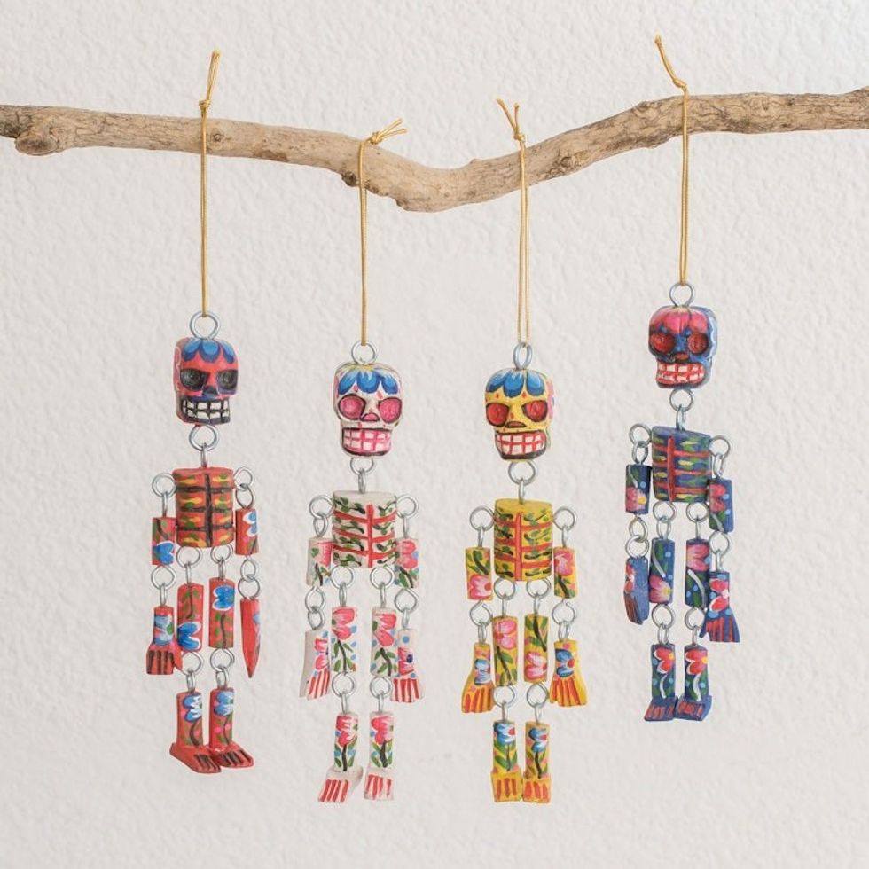 Wood Floral Skeleton Ornaments from Guatemala Set of 4 'Colorful Tradition'