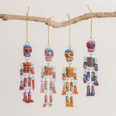 Alternate image for Wood Floral Skeleton Ornaments from Guatemala Set of 4 Colorful Tradition