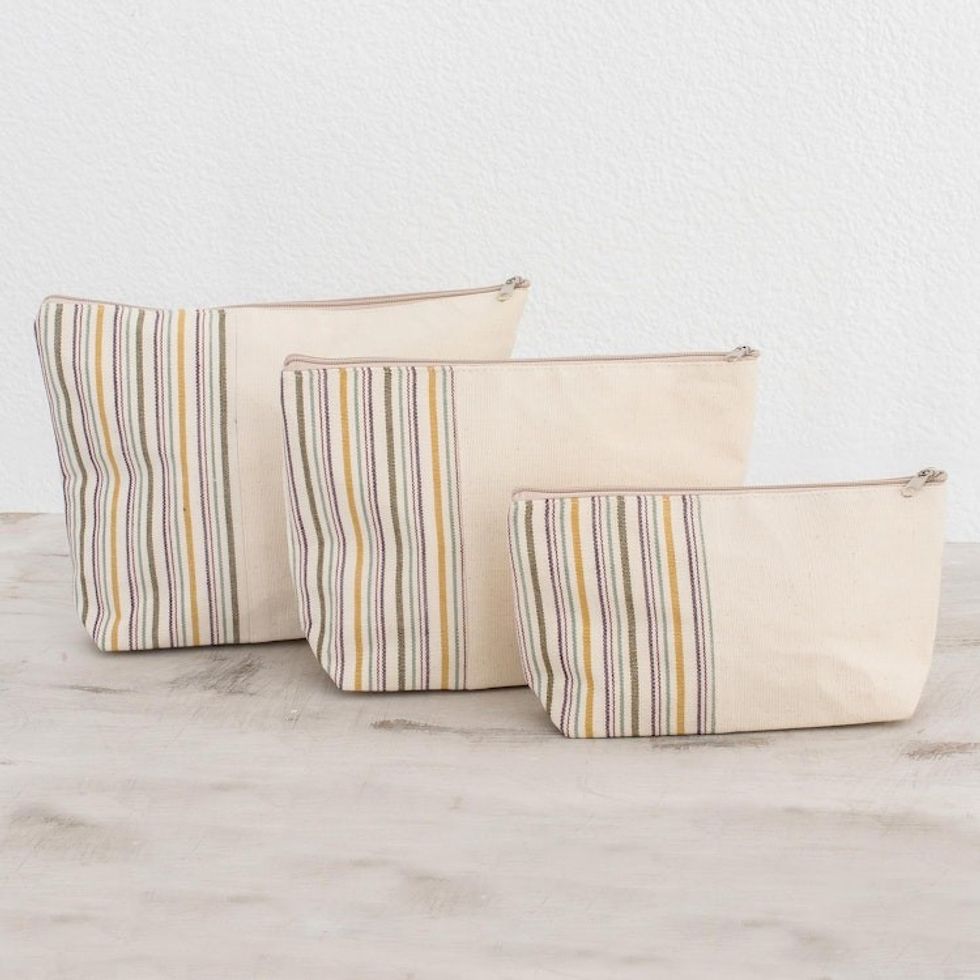 Artisan Crafted Cotton Cosmetic Travel Bags Set of 3 'Happiness'