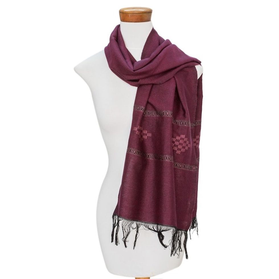 Handwoven Purple Cotton Blend Scarf with Diamond Motif 'Diamond Diva in Purple'